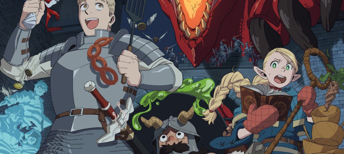 Laios, Senshi y Marcille huyendo del Dragón Rojo en el primer episodio.